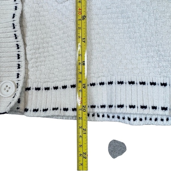 Textured White with Black Stitching Detail, V-Neck Button Up Woman’s Sweater - Picture 9 of 11